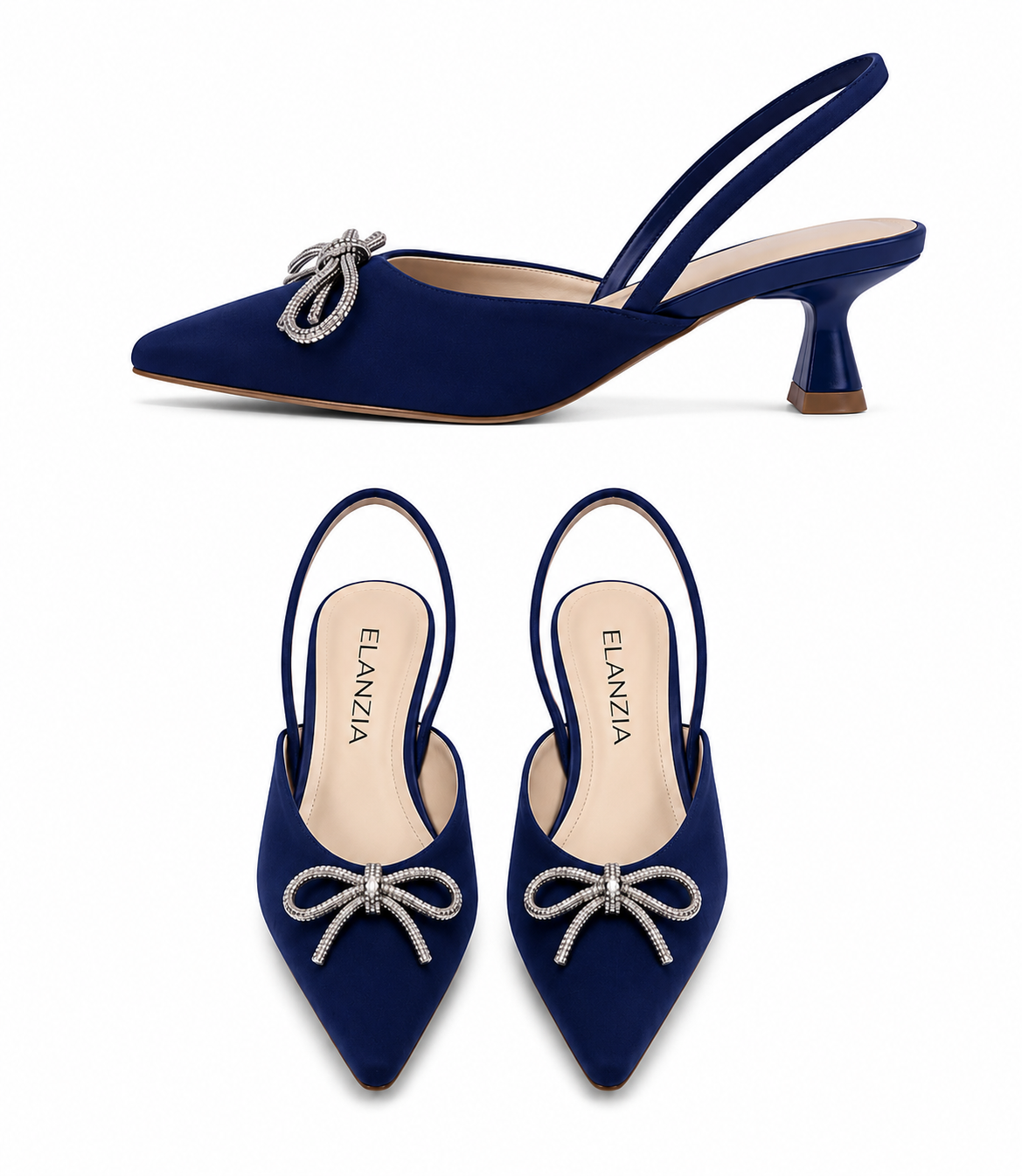 Elanzia Navy Blue Crystal Bow Slingback Kitten Heel