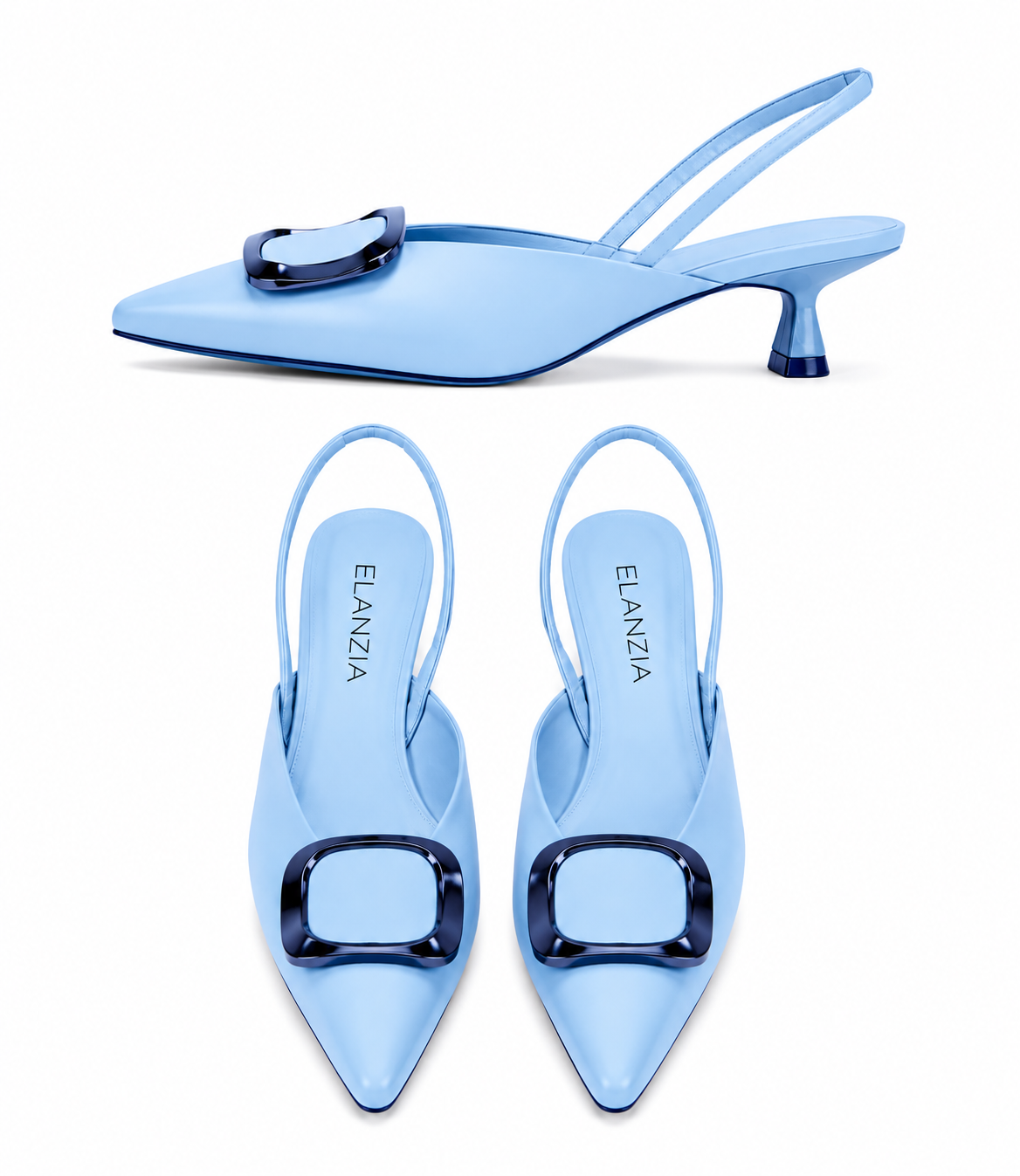 Elanzia Sky Blue Buckle Slingback Kitten Heel