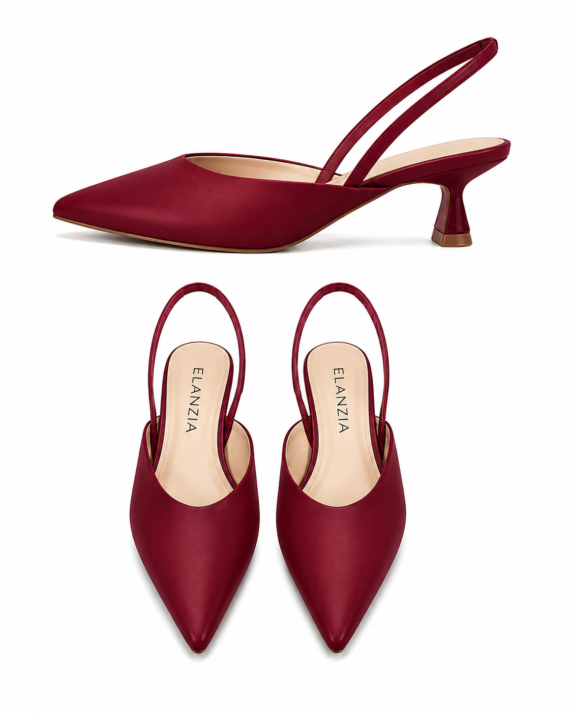 Elanzia Dark Red Satin Slingback Kitten Heel