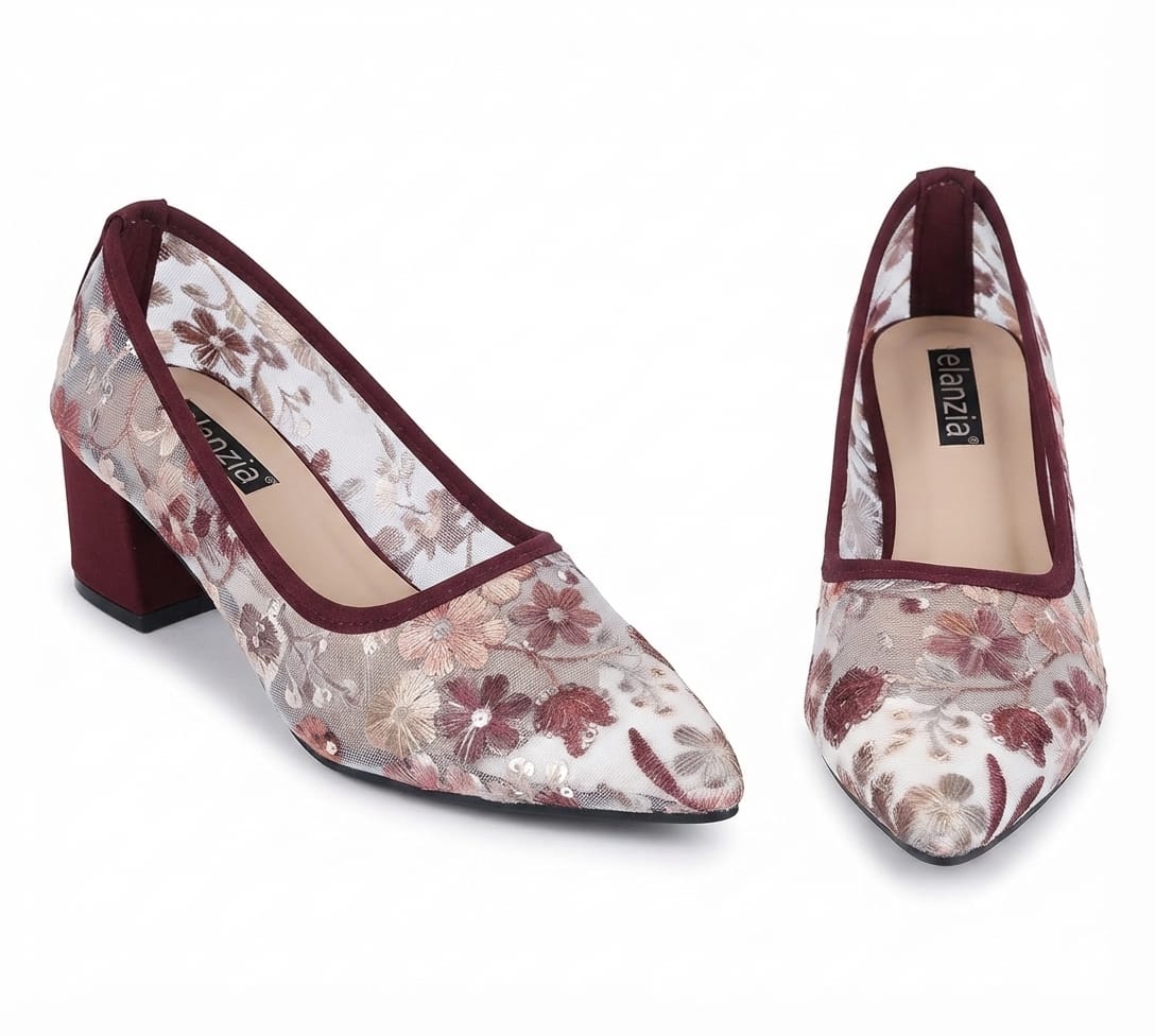 Floral Mesh Burgundy Trim Pointed Toe Pump