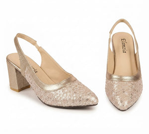 Sequin Glitter Pointed Toe Slingback Block Heel