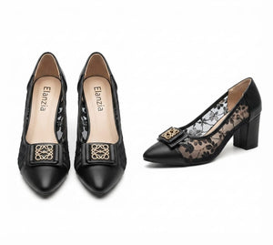 Sheer Mesh Pointed Toe Block Heel Pump