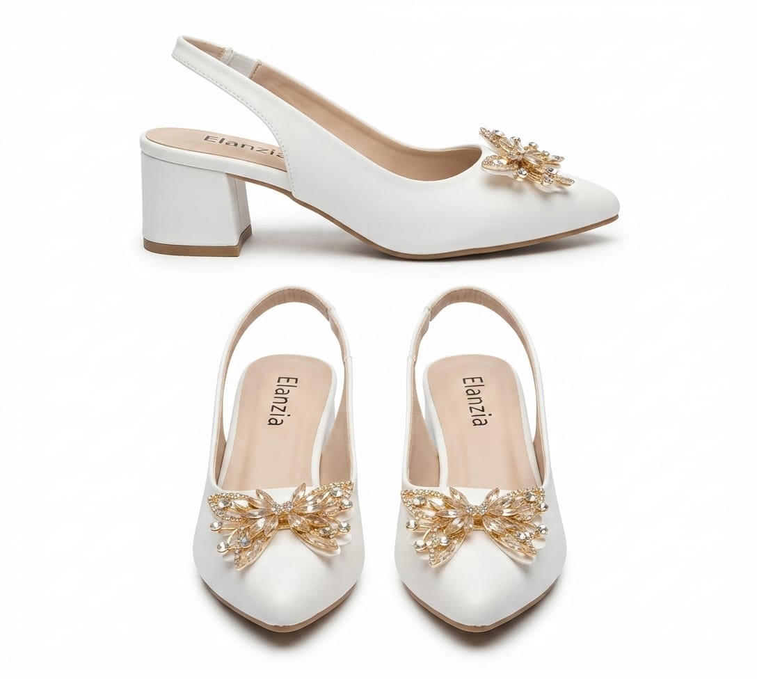 Embellished Pointed Toe Slingback Block Heel